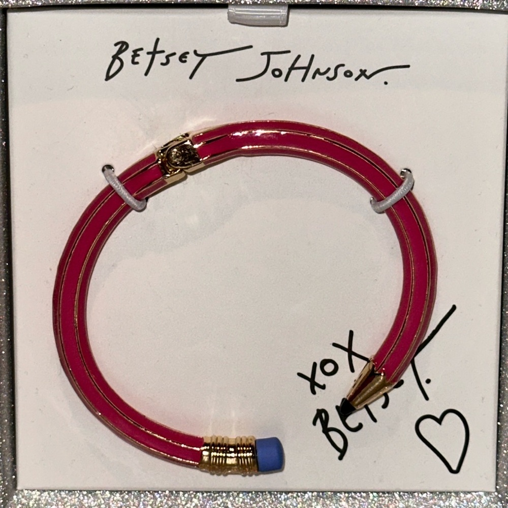 Betsey Johnson Pink Enamel Pencil Hinged Bangle Bracelet Gold Tone Blue Eraser